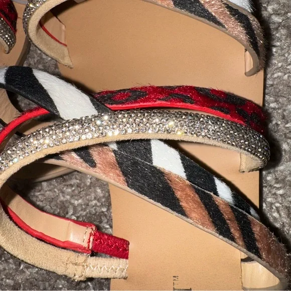 Thalia Sodi Animal Print Rhinestone Bling Sandals Faux Fur Vegan Black White Red - Picture 5 of 5